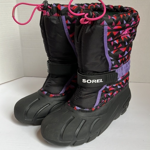 Sorel Youth‎ Flurry Print Winter Purple Pink Rubber Snow Boots Size 5 - Picture 1 of 11